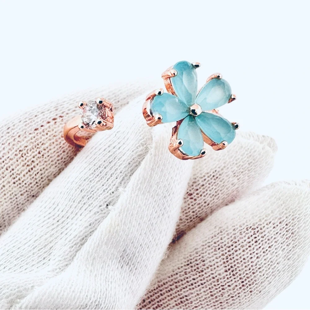 Korean Style Blue CZ Flower Rose Gold Ring with Adjustable Band